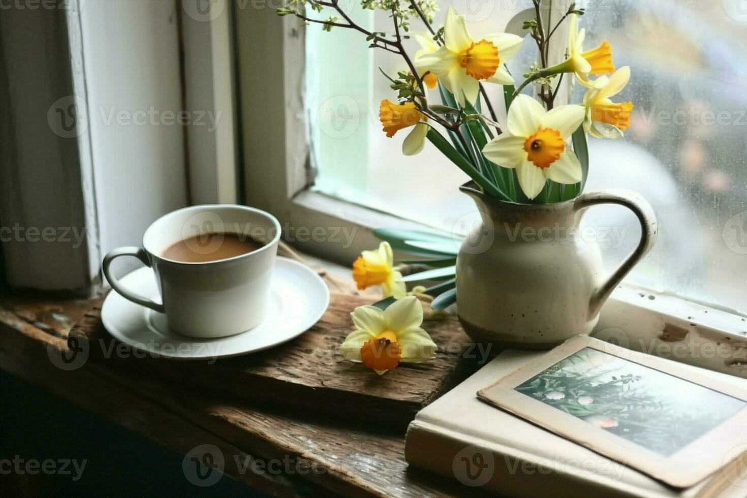 ai généré confortable Pâques printemps encore vie. salutation carte maquette scène. tasse de café, livres, en bois Coupe conseil, Lait lanceur et vase de fleurs sur rebord de fenêtre. floral composition. génératif ai. photo