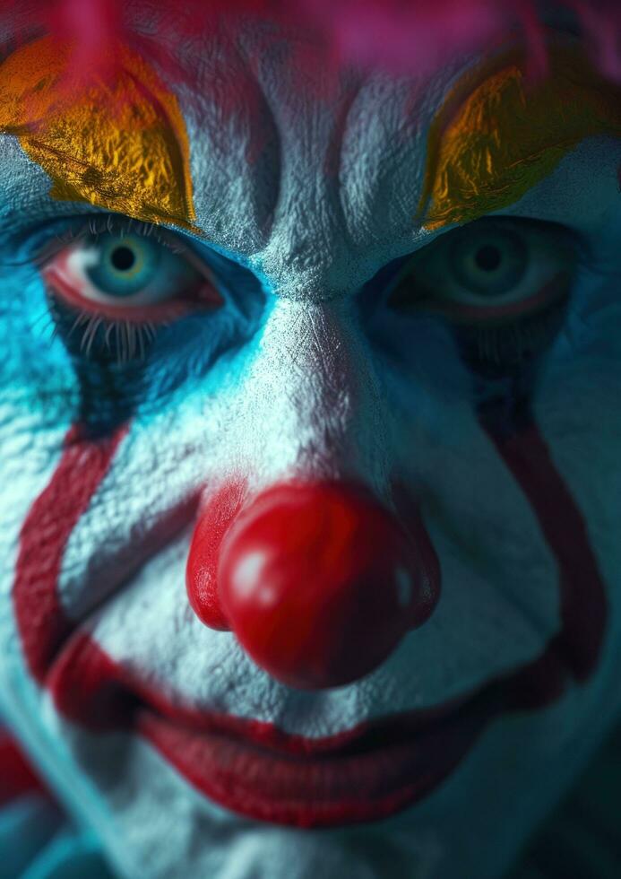 ai généré de clown visage avec coloré faire en haut autour le sien nez photo