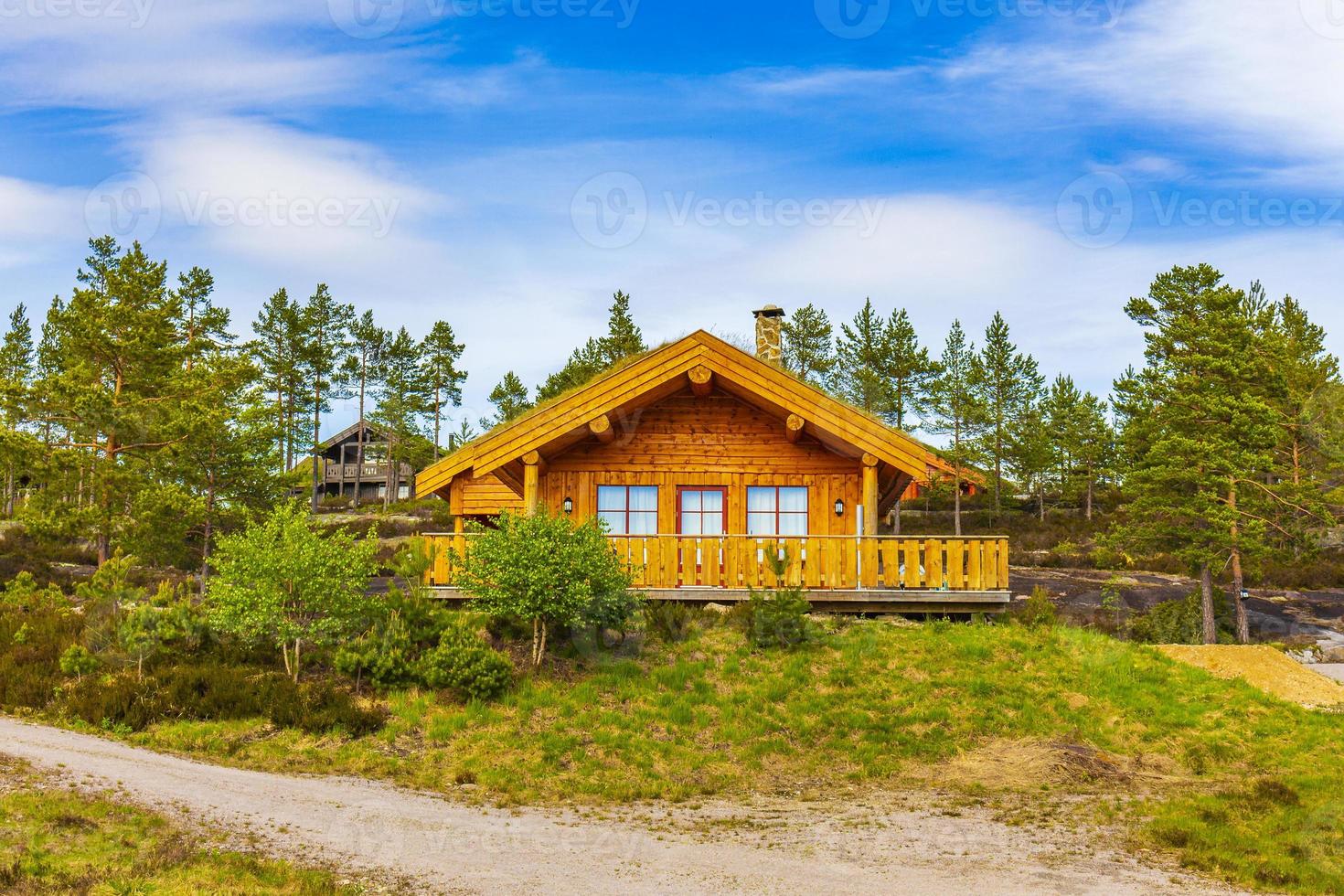 chalets norvégiens en bois chalets dans le paysage naturel nissedal norvège. photo