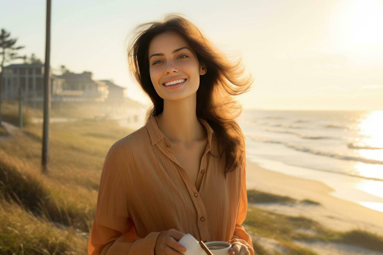 ai généré magnifique Jeune fille dans une robe sourit sur le plage contre le Contexte de le mer photo