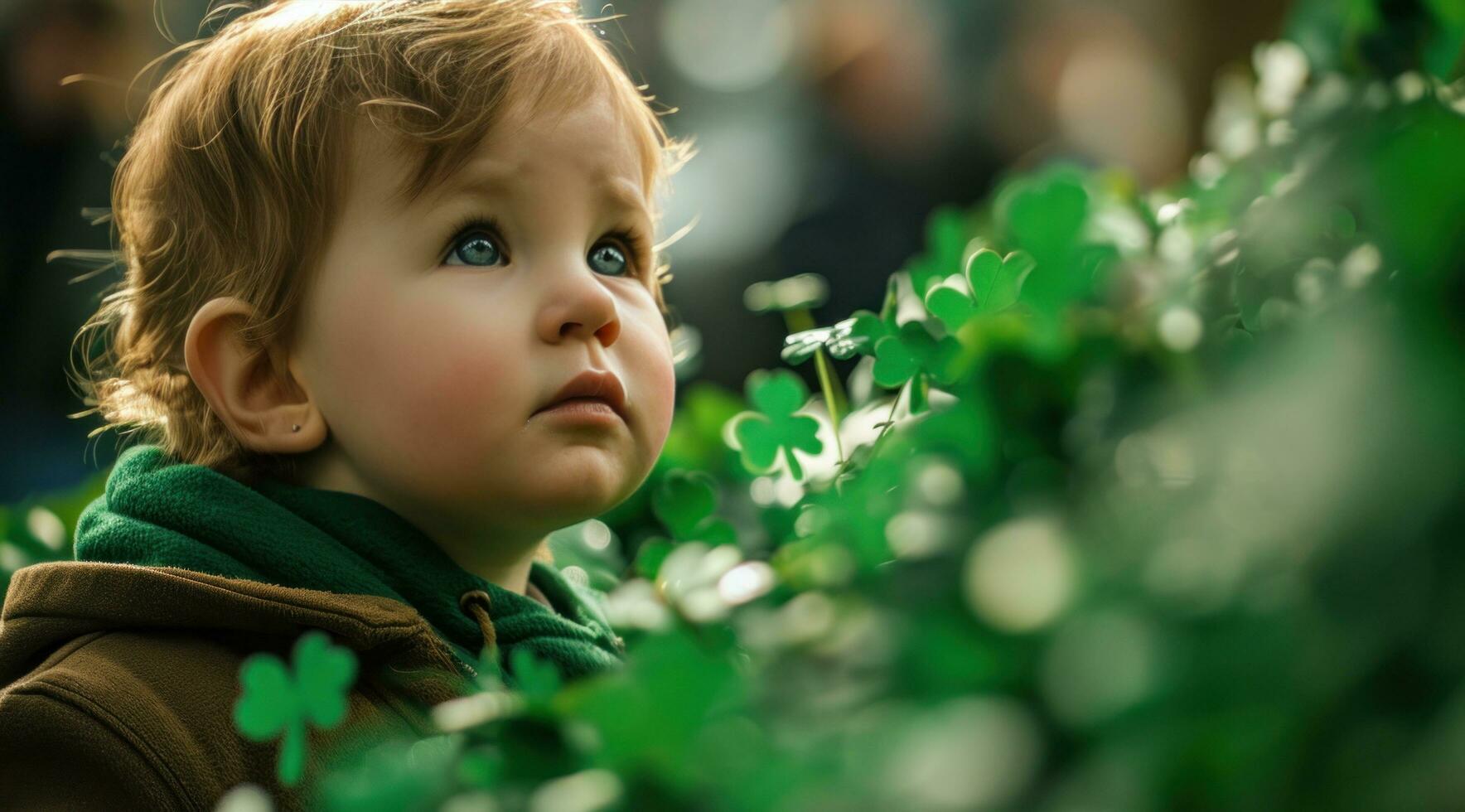 ai généré une bambin à le st patricks journée parade entouré par trèfles photo