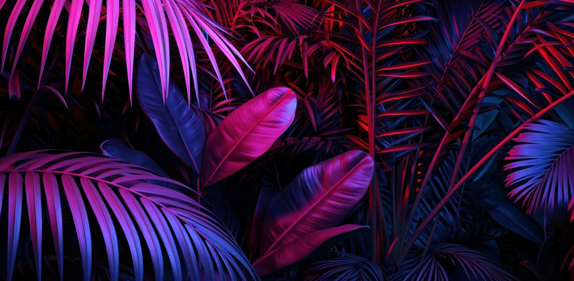 ai généré une lumière violet et bleu tropical jungle avec paume feuilles photo