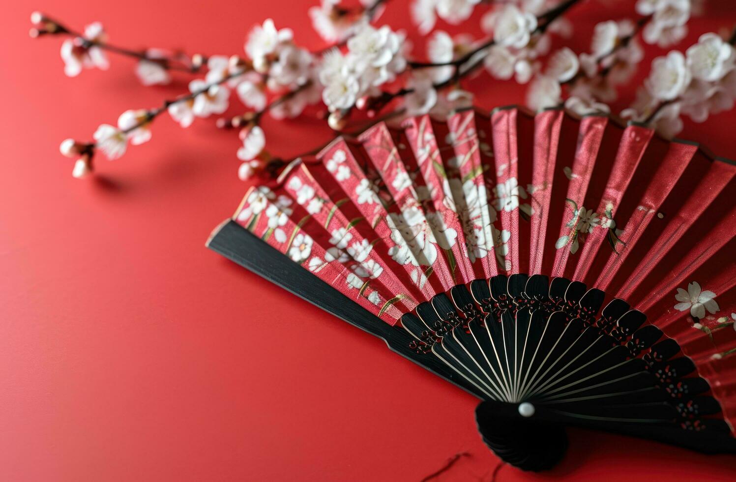 ai généré une papier ventilateur avec blanc fleurs et rouge conception Contexte sur une rouge Contexte photo