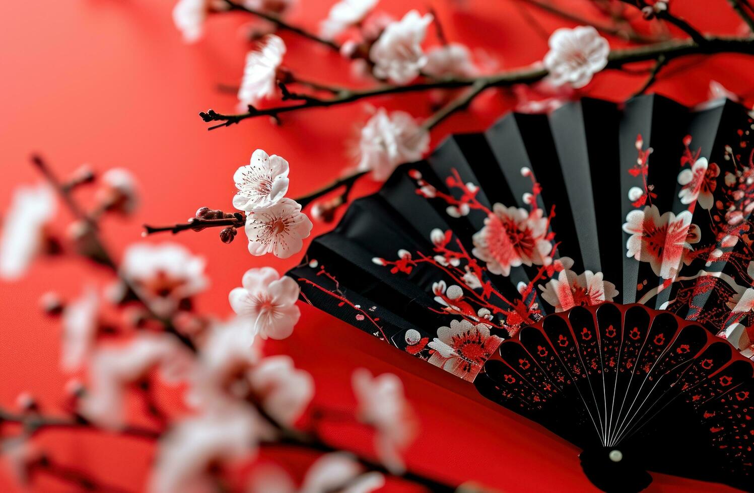 ai généré une papier ventilateur avec blanc fleurs et rouge conception Contexte sur une rouge Contexte photo