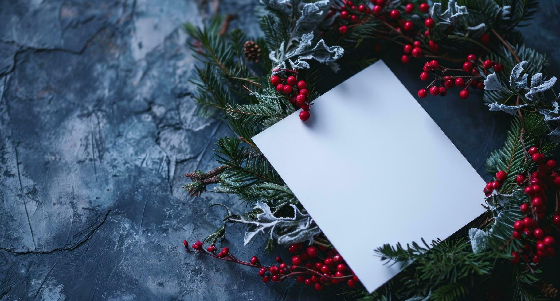 ai généré une blanc papier est mis dans de face de une hiver couronne et baies photo