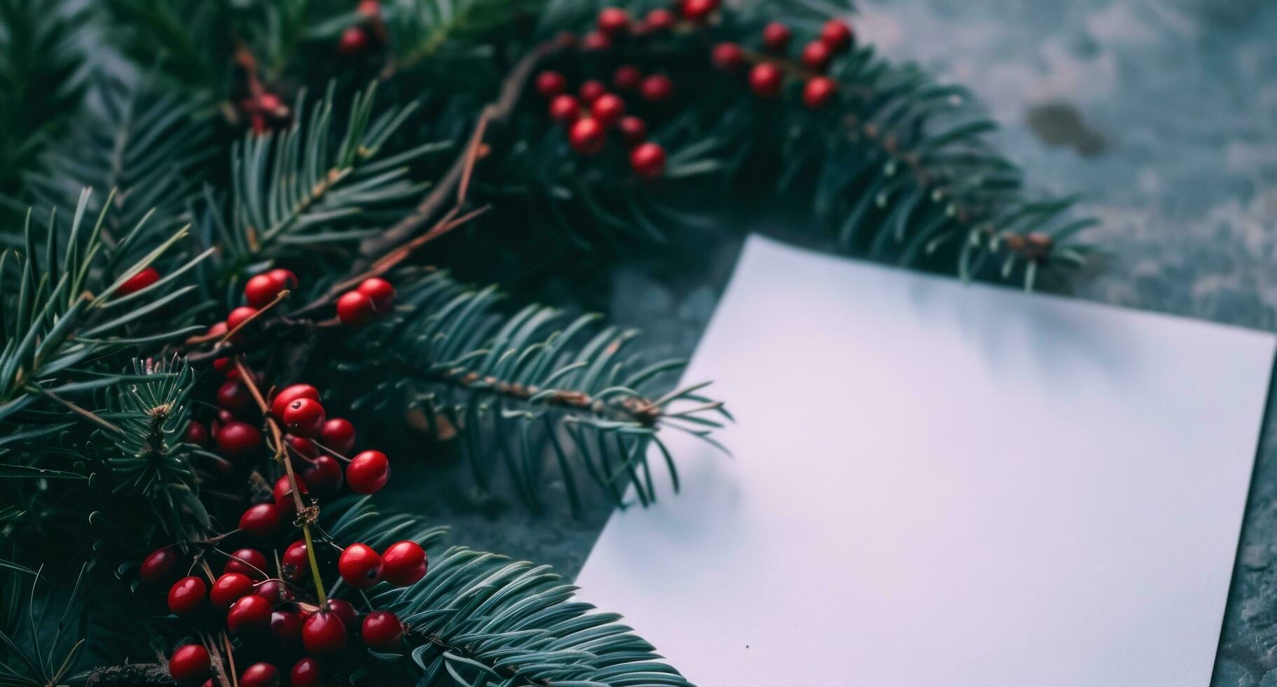 ai généré une blanc papier est mis dans de face de une hiver couronne et baies photo