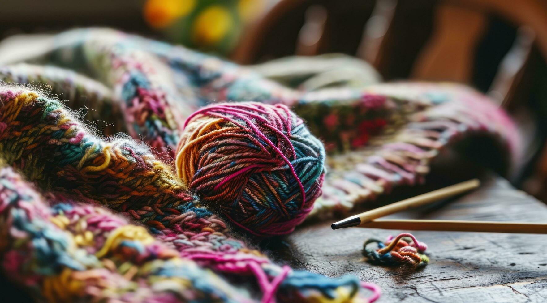 ai généré une fil Balle sur table suivant à tricot aiguilles photo