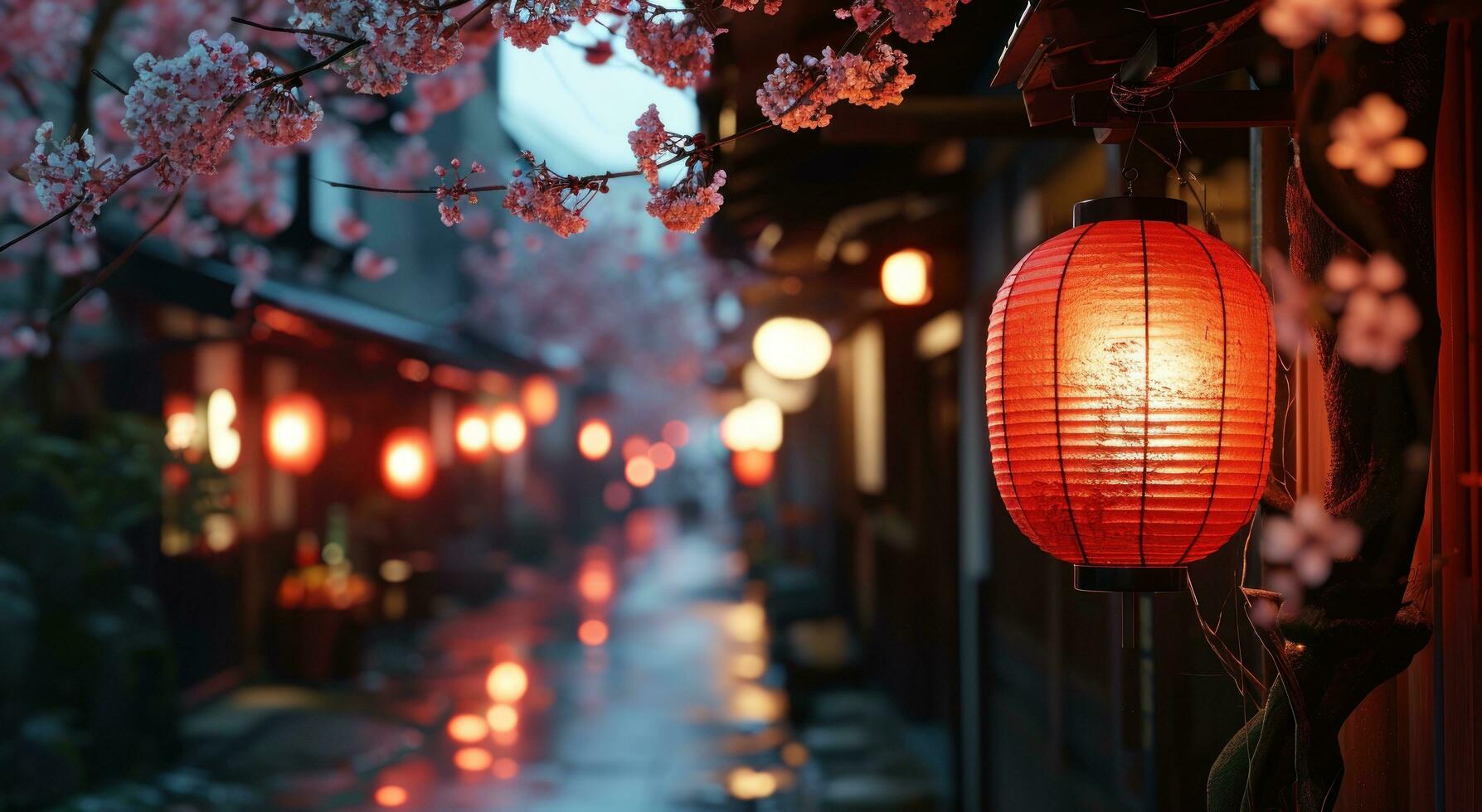 ai généré une rouge lanterne pendaison sur une lanterne rue photo