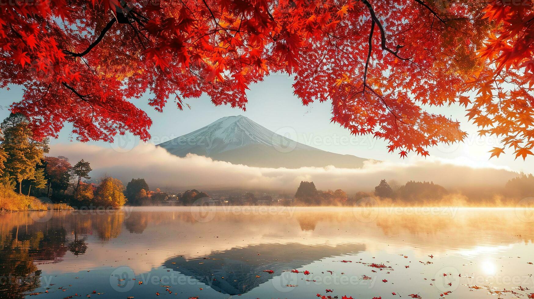 ai généré Fuji Montagne et Lac kawaguchiko dans l'automne saison, Japon photo