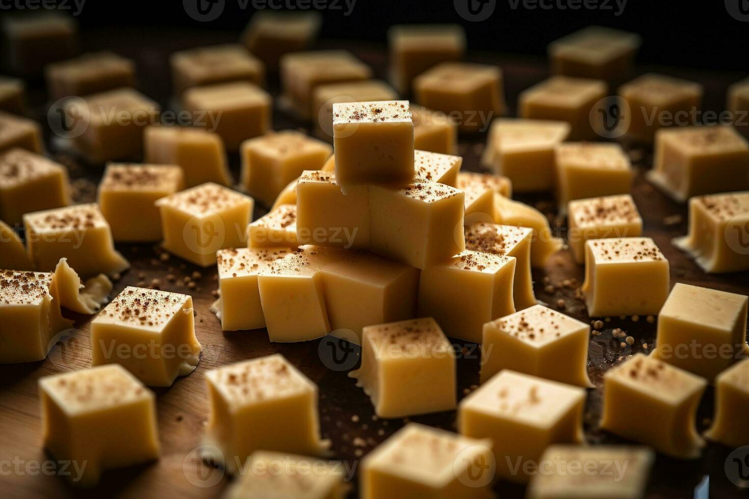 ai généré fermer de une assiette de Jaune fromage cubes. photo