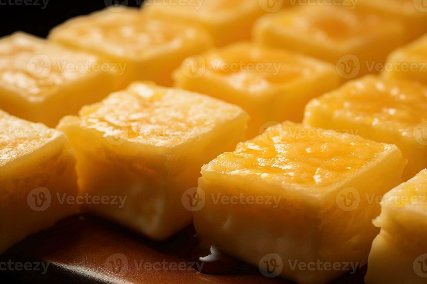 ai généré fermer de une assiette de Jaune fromage cubes. photo