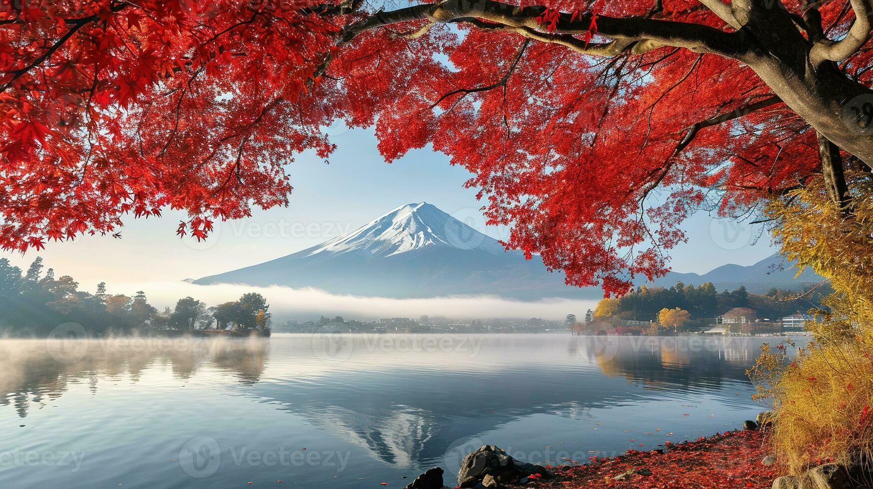 ai généré Fuji Montagne et Lac kawaguchiko dans l'automne saison, Japon photo