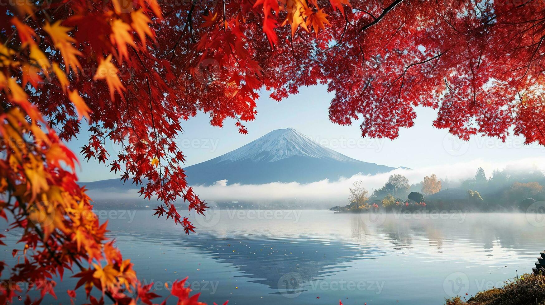 ai généré Fuji Montagne et Lac kawaguchiko dans l'automne saison, Japon photo