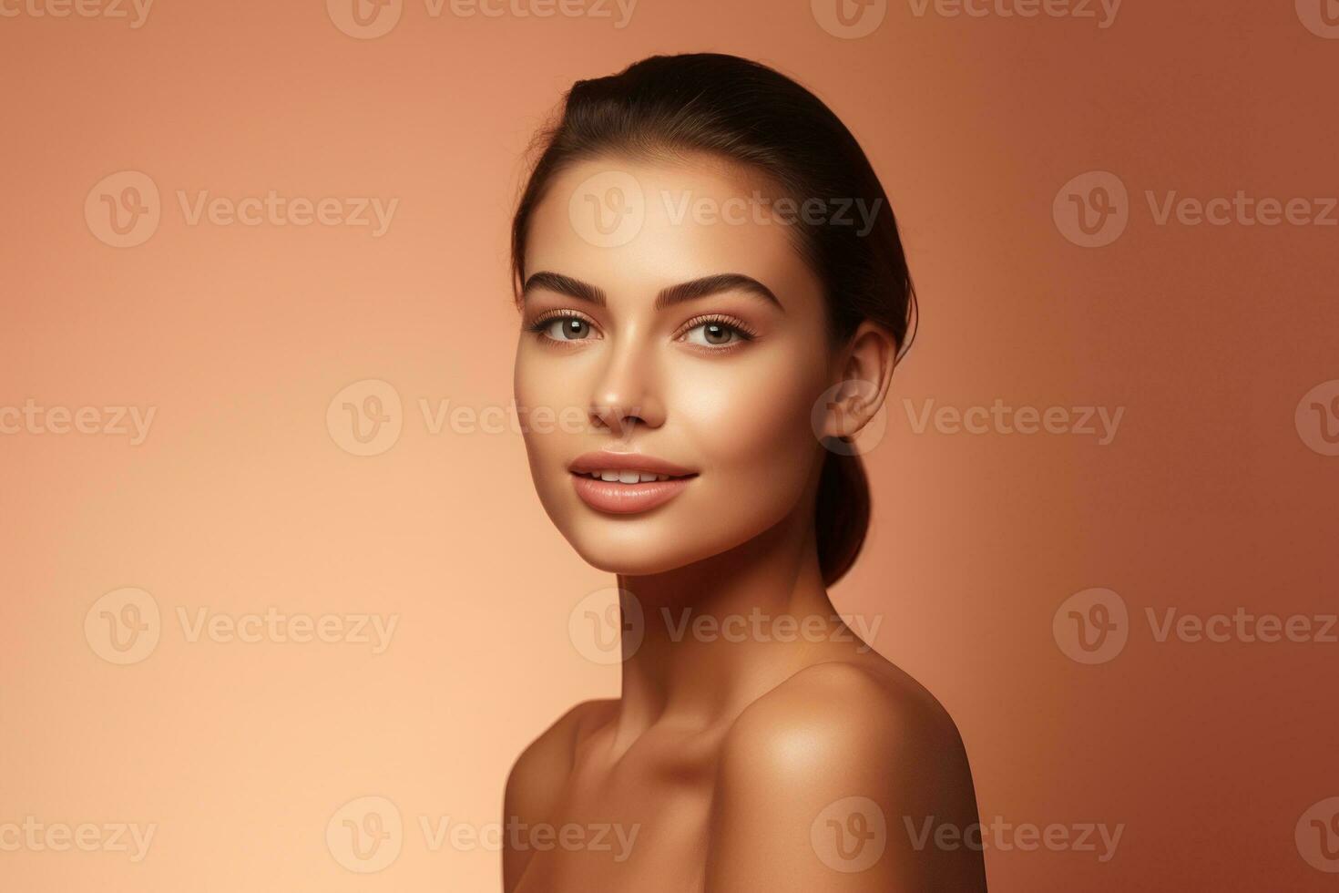 ai généré portrait de magnifique Jeune femme avec nettoyer Frais peau. spa, soins de santé. photo