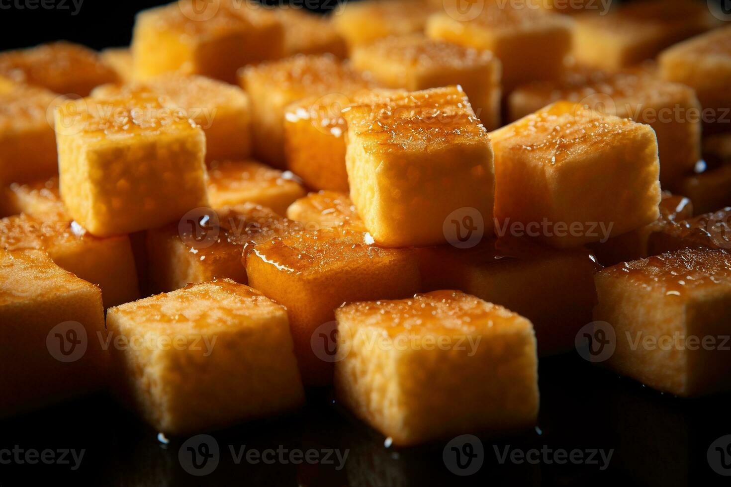 ai généré fermer de une assiette de Jaune fromage cubes. photo