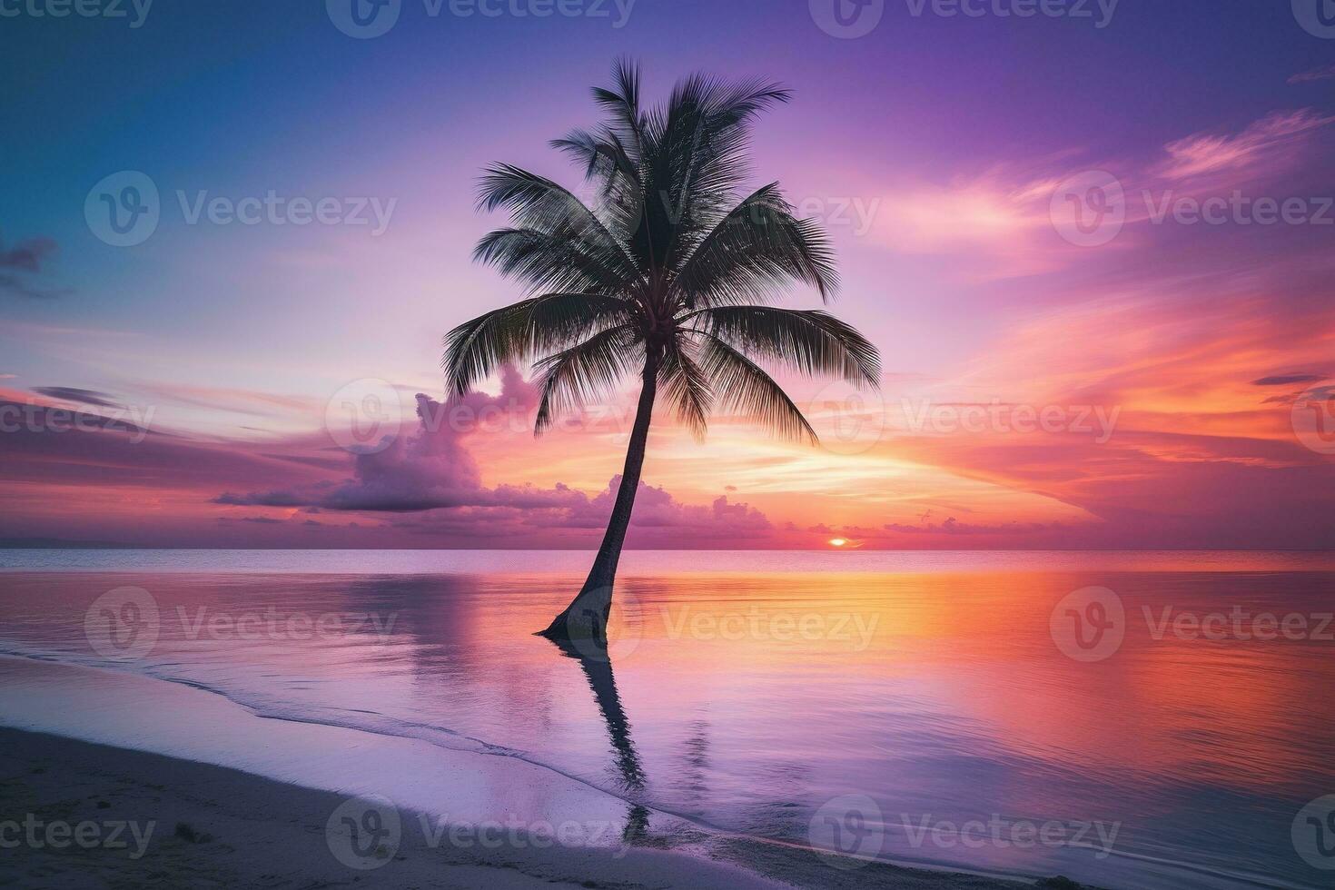 ai généré magnifique la nature tropical plage et mer avec noix de coco paume arbre à le coucher du soleil temps pour Voyage et vacances photo