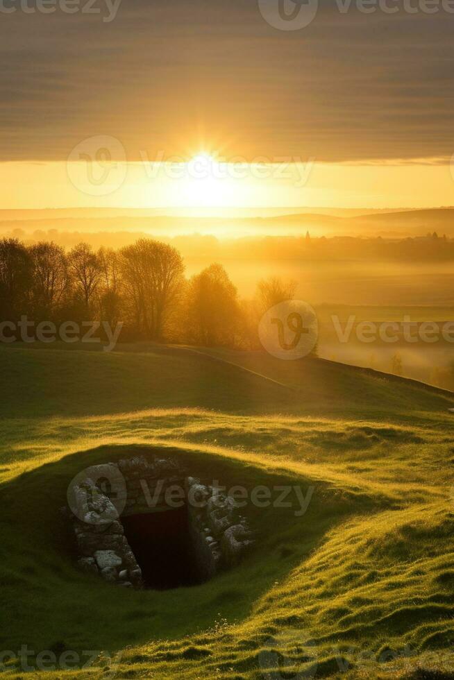 ai généré lever du soleil plus de une mégalithique tombeau photo