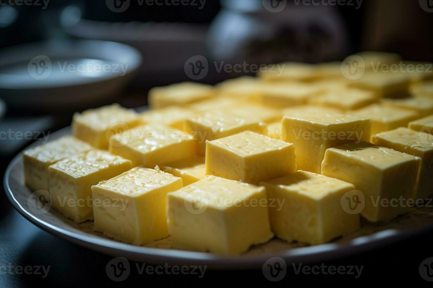 ai généré fermer de une assiette de Jaune fromage cubes. photo