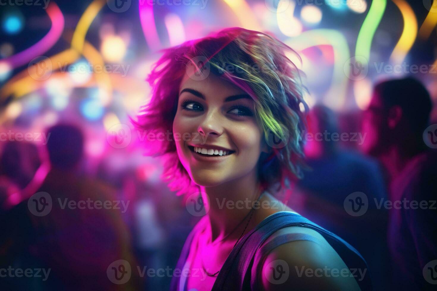 ai généré portrait de une magnifique fille avec court cheveux dansant dans une boîte de nuit photo