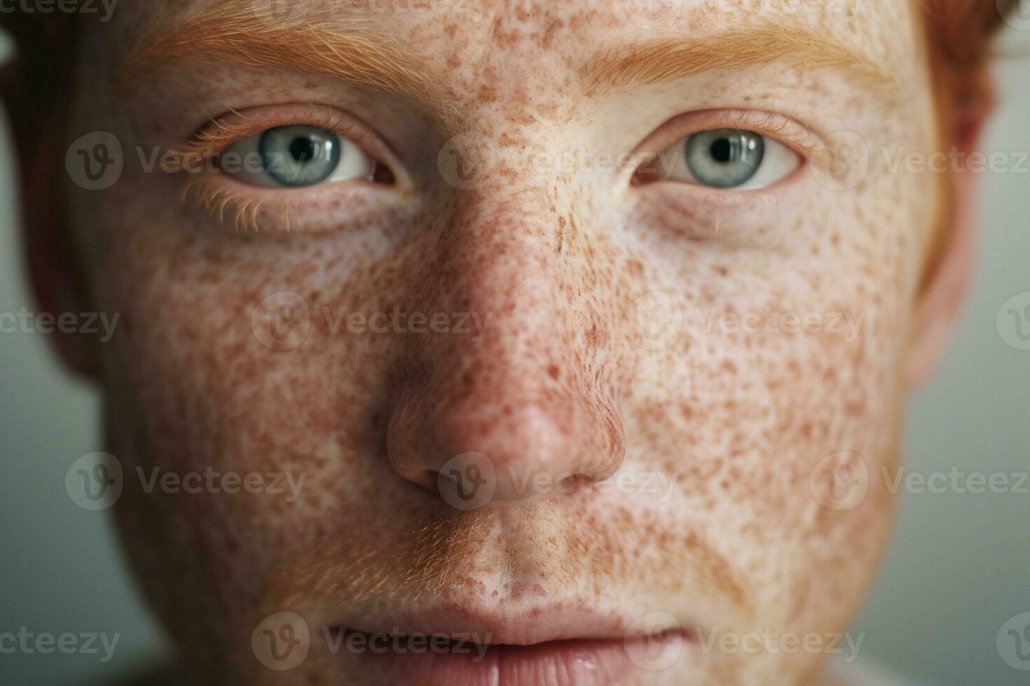 ai généré fermer de taches de rousseur homme à la recherche à caméra photo