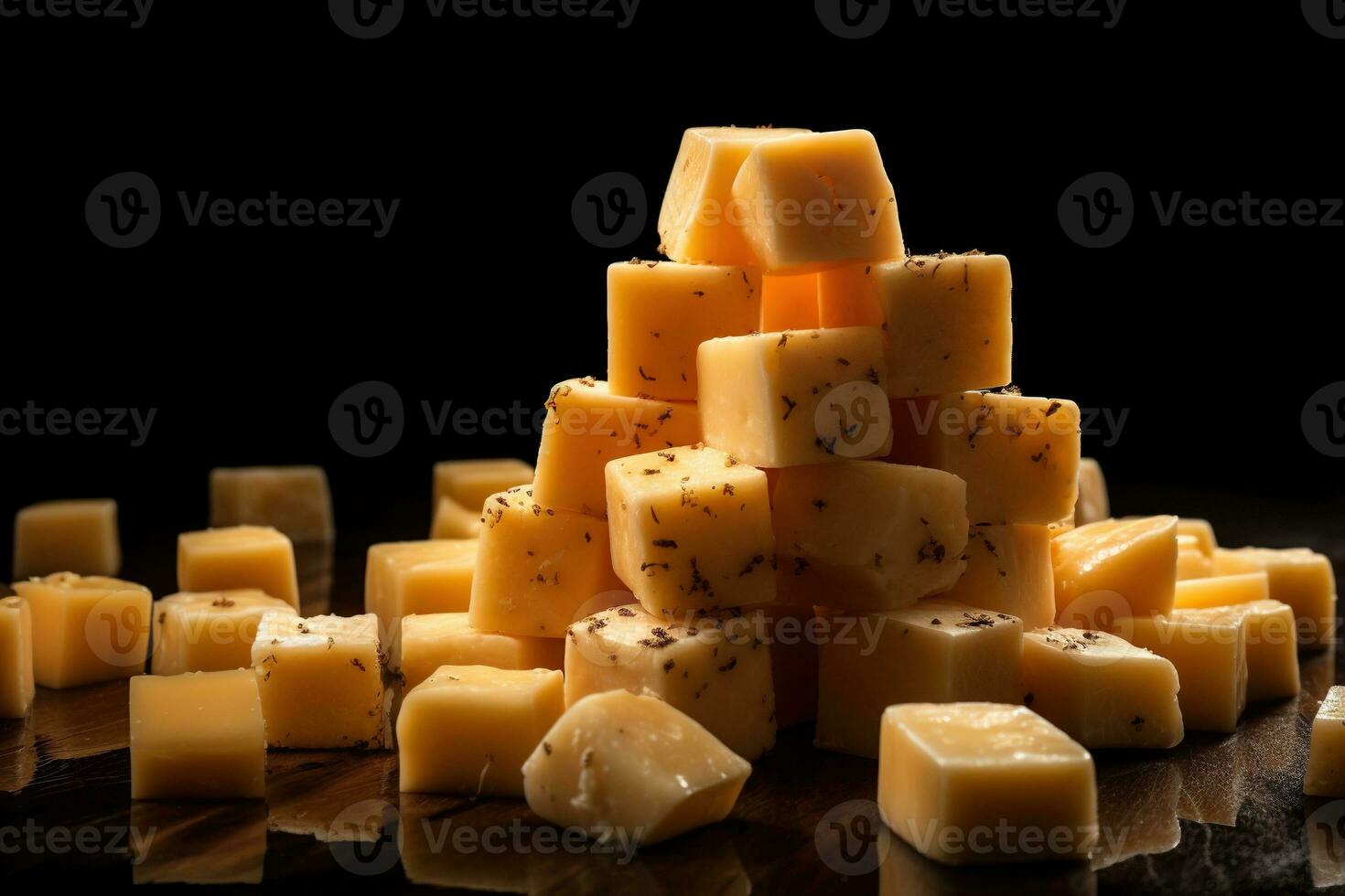 ai généré fermer de une assiette de Jaune fromage cubes. photo