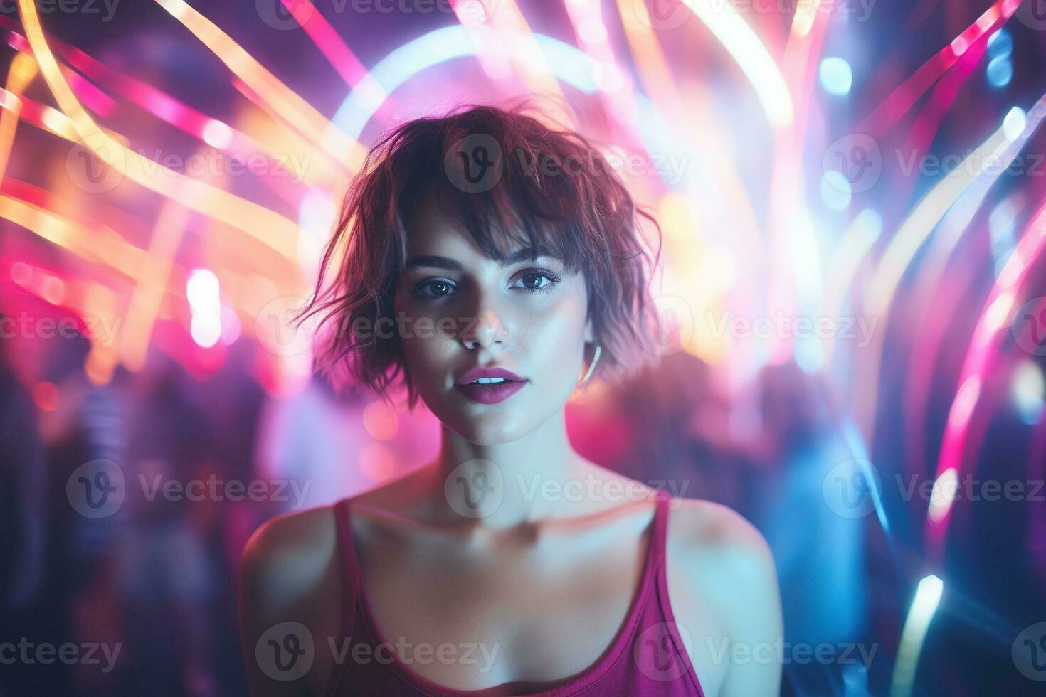 ai généré portrait de une magnifique fille avec court cheveux dansant dans une boîte de nuit photo