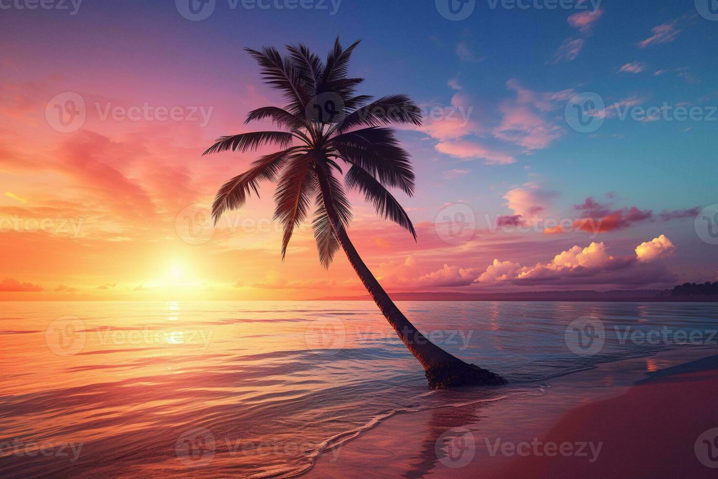 ai généré magnifique la nature tropical plage et mer avec noix de coco paume arbre à le coucher du soleil temps pour Voyage et vacances photo