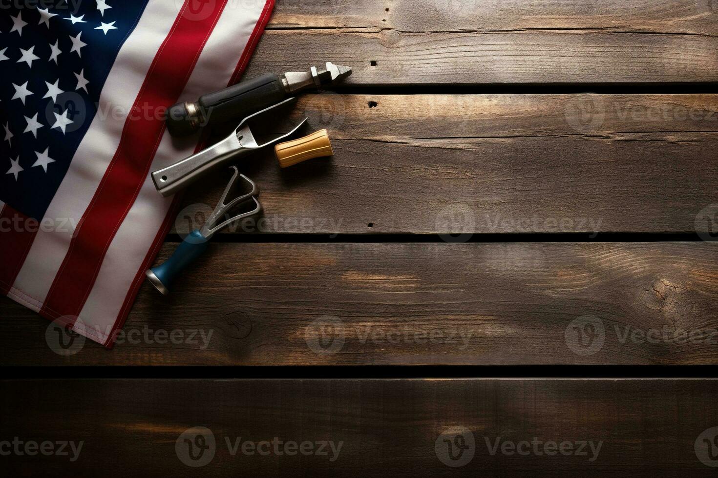 ai généré outils sur une en bois table contre le Contexte de le américain drapeau photo