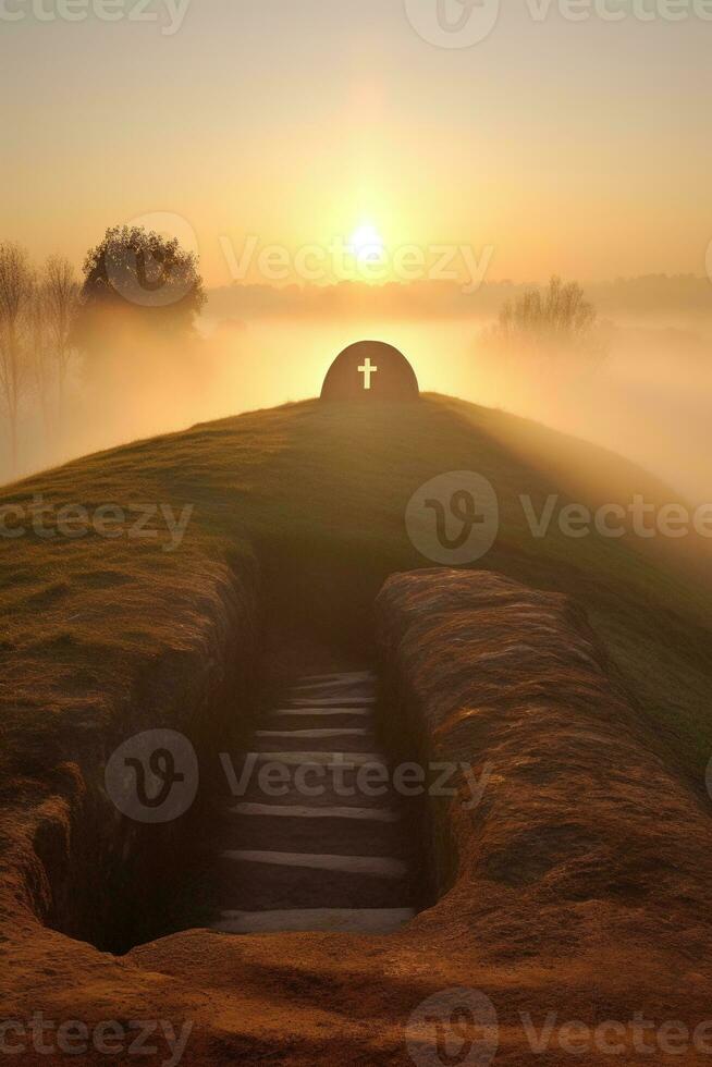 ai généré lever du soleil plus de une mégalithique tombeau photo