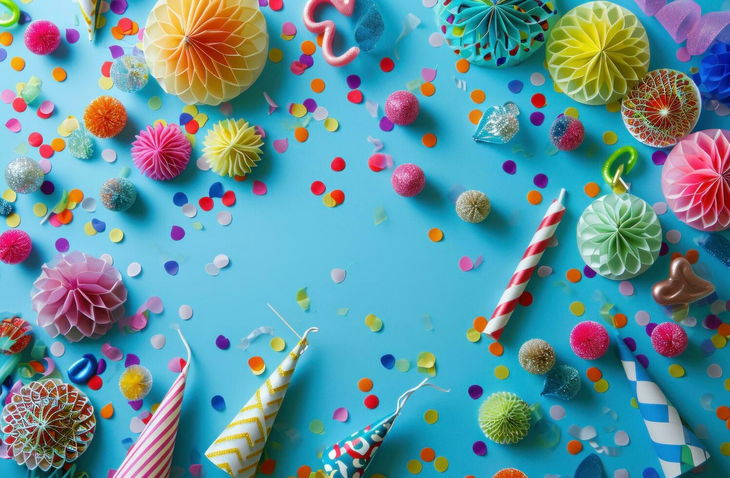 ai généré coloré fête décorations sur une bleu arrière-plan, photo