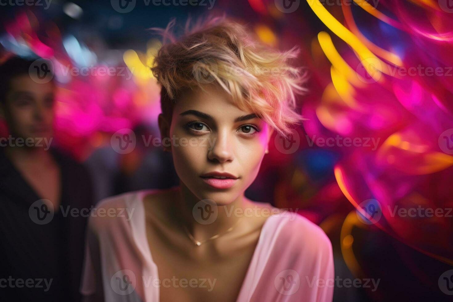 ai généré portrait de une magnifique fille avec court cheveux dansant dans une boîte de nuit photo