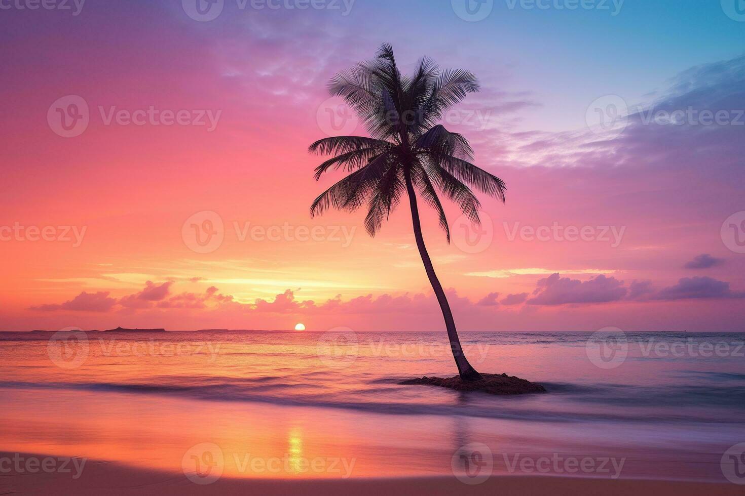 ai généré magnifique la nature tropical plage et mer avec noix de coco paume arbre à le coucher du soleil temps pour Voyage et vacances photo