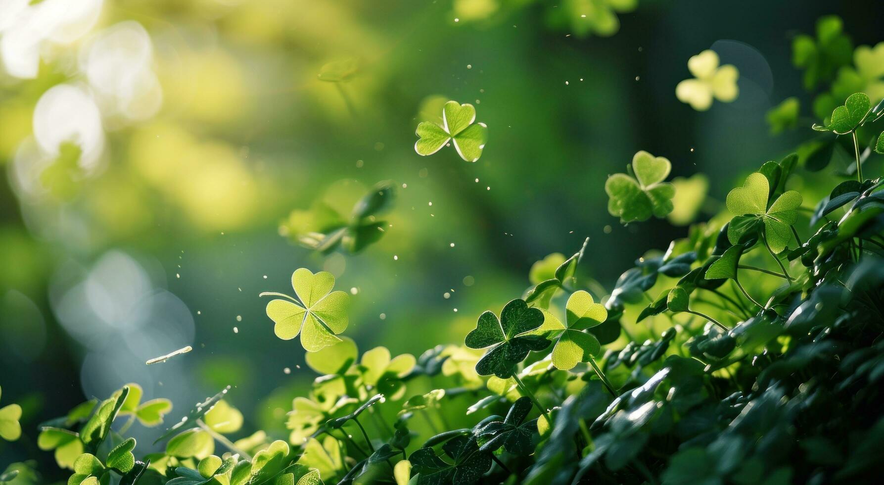 ai généré vert feuilles avec certains trèfles en volant sur Haut de le vert photo