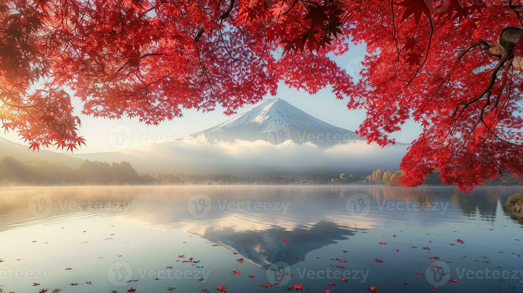 ai généré Fuji Montagne et Lac kawaguchiko dans l'automne saison, Japon photo