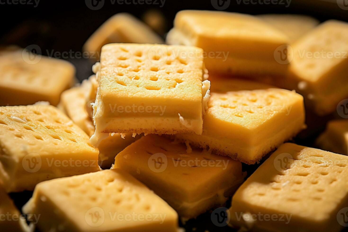 ai généré fermer de une assiette de Jaune fromage cubes. photo