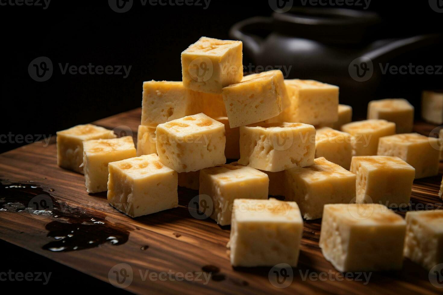 ai généré fermer de une assiette de Jaune fromage cubes. photo