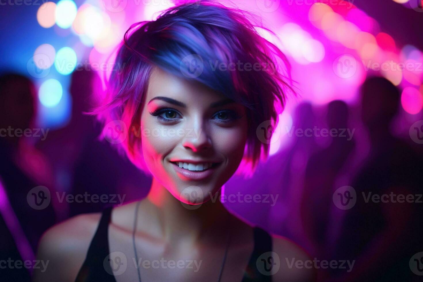 ai généré portrait de une magnifique fille avec court cheveux dansant dans une boîte de nuit photo