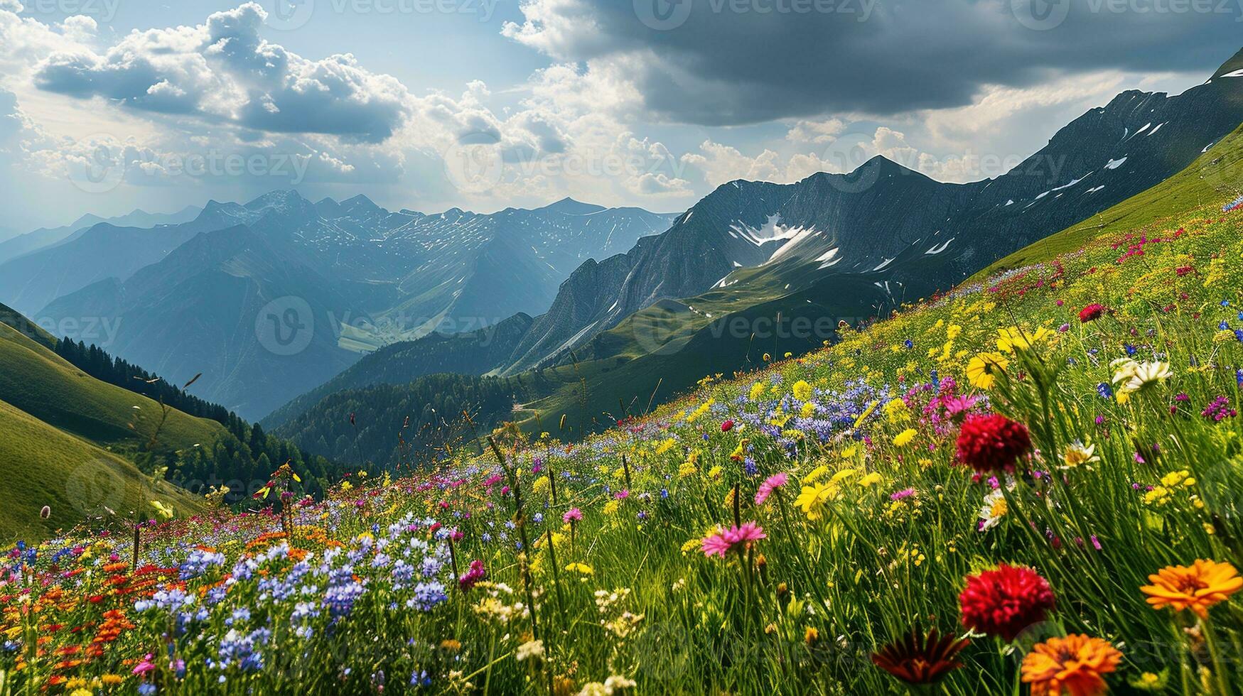 ai généré coloré Prairie avec fleurs sauvages et montagnes dans le Contexte photo