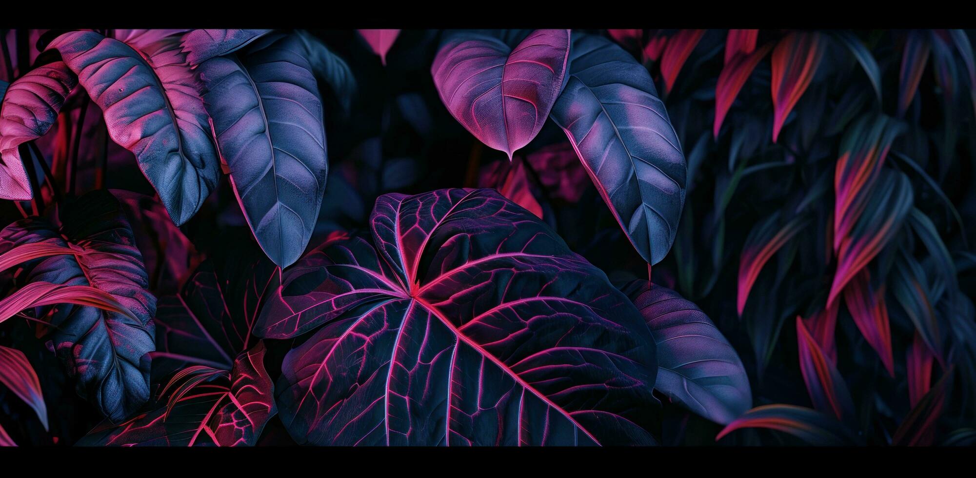 ai généré violet et violet jungle feuilles dans le nuit temps photo