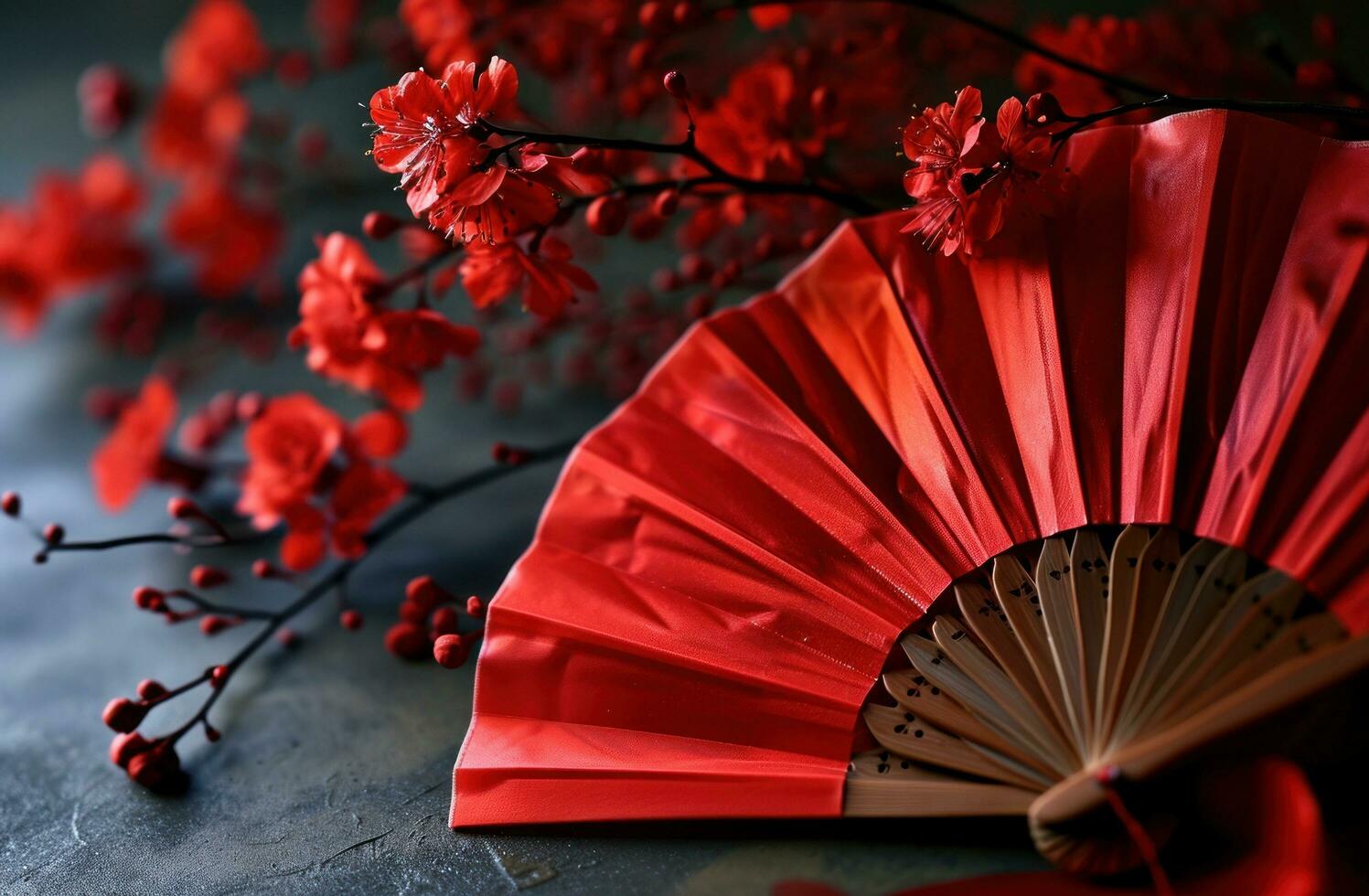 ai généré rouge papier ventilateur avec rouge fleurit, Pâques photo