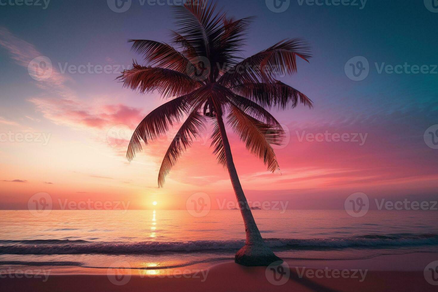 ai généré magnifique la nature tropical plage et mer avec noix de coco paume arbre à le coucher du soleil temps pour Voyage et vacances photo