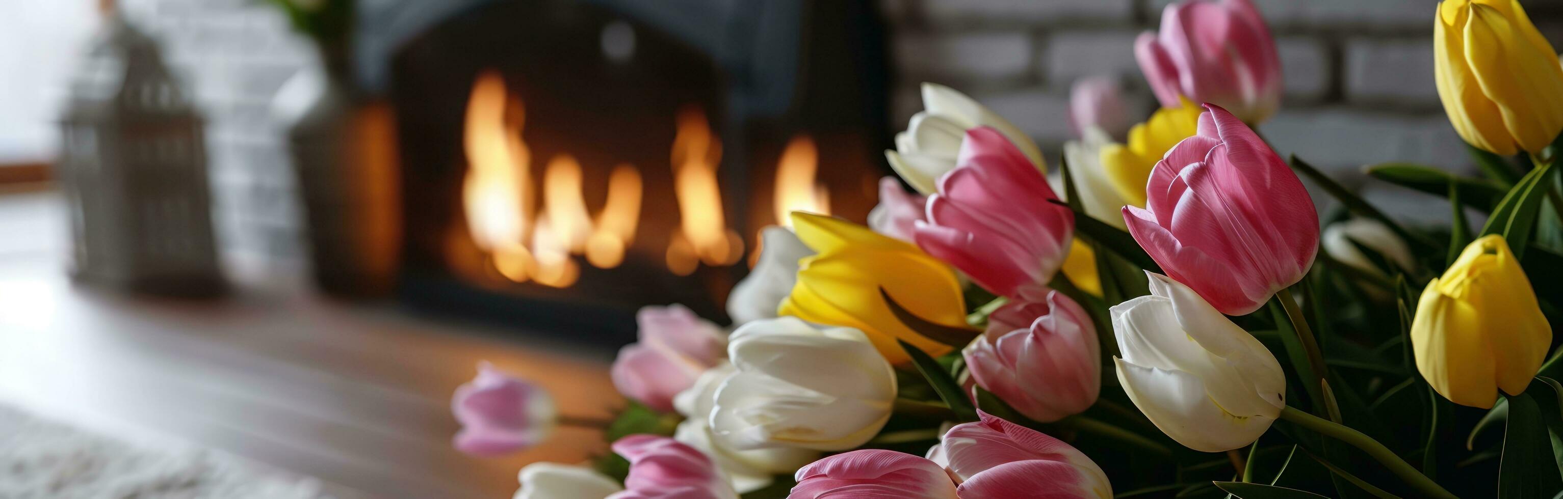 ai généré rose, Jaune et blanc tulipes sont séance suivant à le cheminée photo