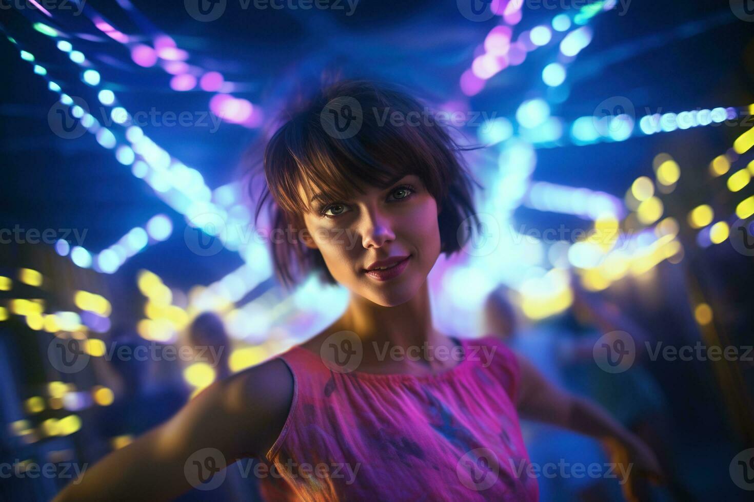 ai généré portrait de une magnifique fille avec court cheveux dansant dans une boîte de nuit photo