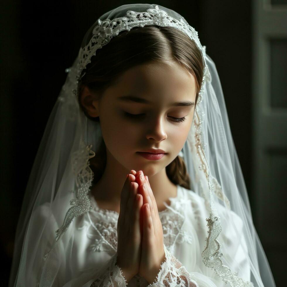 ai généré christianisme 1er communion Jeune fille sacrificiel, main secoue le sien mains prier photo