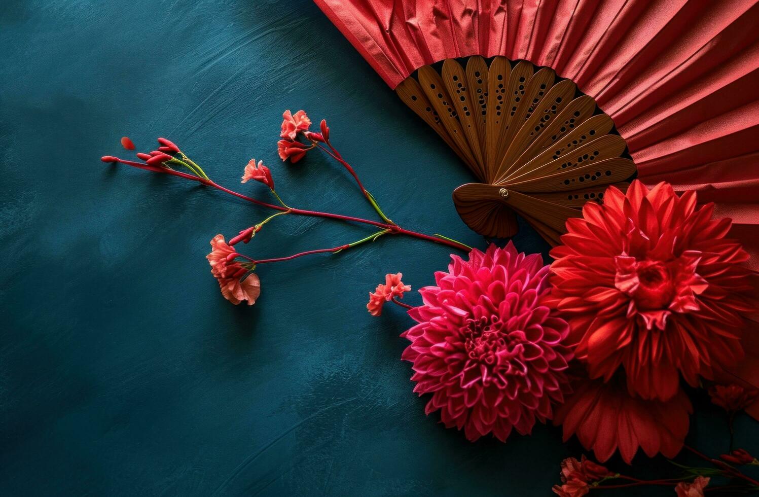 ai généré chinois rouge papier ventilateur avec fleur décoration contre bleu Contexte photo