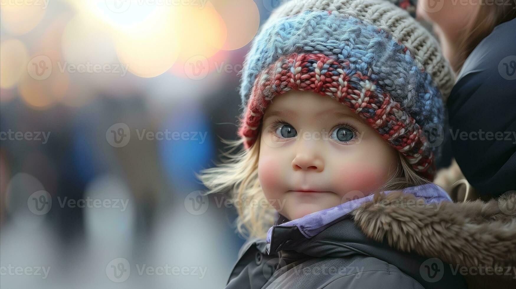 ai généré le peu garçon regards mignonne et prêt pour du froid temps dans le sien tricoté chapeau et manteau. génératif ai photo
