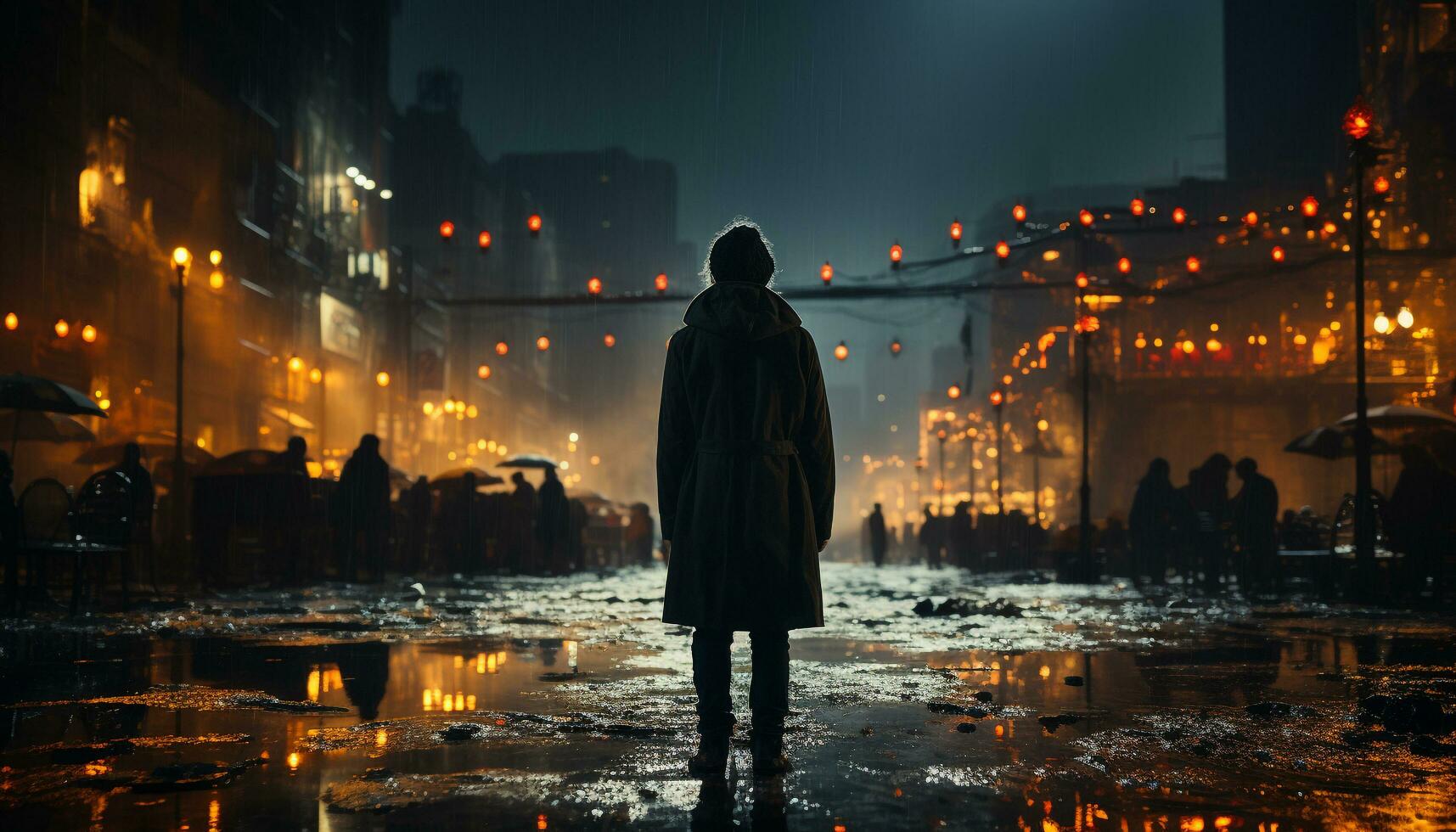 ai généré silhouettes en marchant dans humide ville des rues, illuminé par lampadaires généré par ai photo