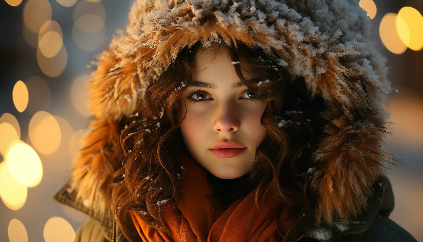 ai généré souriant femme dans hiver, beauté et mode dans la nature généré par ai photo