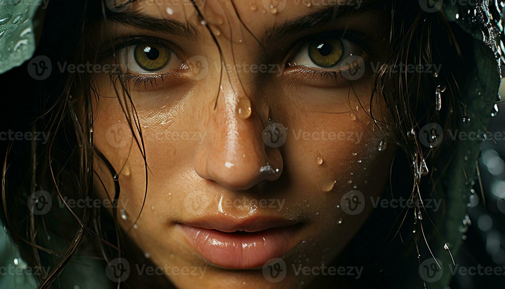 ai généré Jeune femme avec humide cheveux à la recherche à caméra dans pluie généré par ai photo