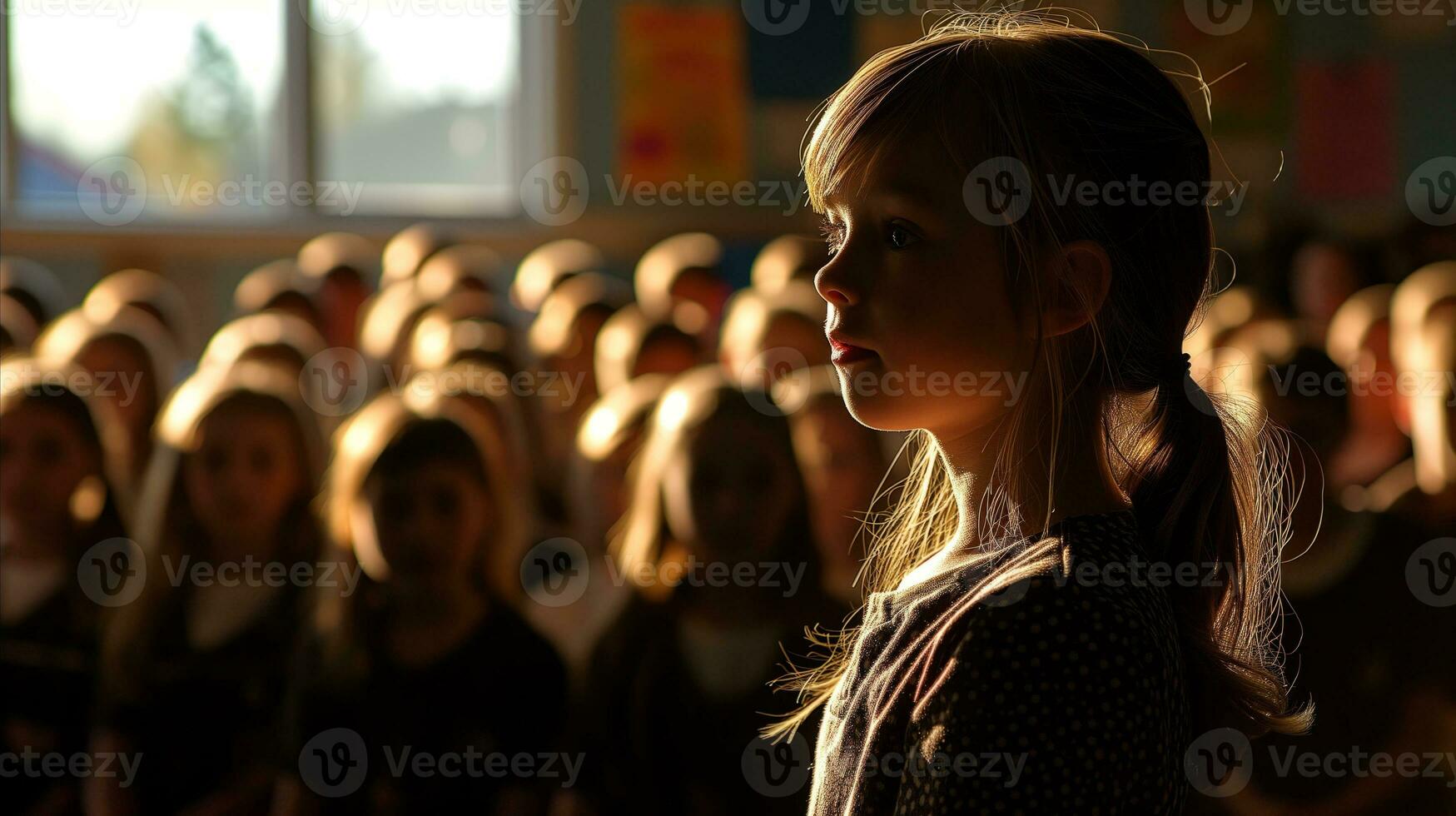 ai généré petit fille dans de face de une foule de gens dans une Salle de classe. génératif ai photo